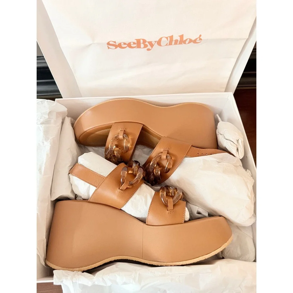 See By Chloe Mahe Platform Wedge Sandals Women 41 Tan NEW Leather Chain SB38095A